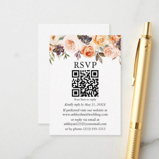 Carte D'accompagnement Aquarelle Automne Floral Mariage QR RSVP (Devant/Arrière en situation)