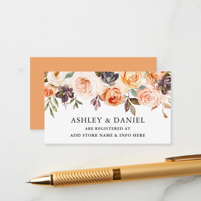 Carte D'accompagnement Aquarelle Automne Floral Pêche Registre Mariage (Devant/Arrière en situation)