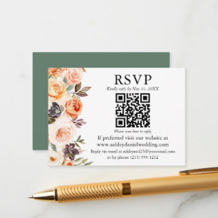 Carte D'accompagnement Aquarelle Automne Floral QR RSVP Sage Vert