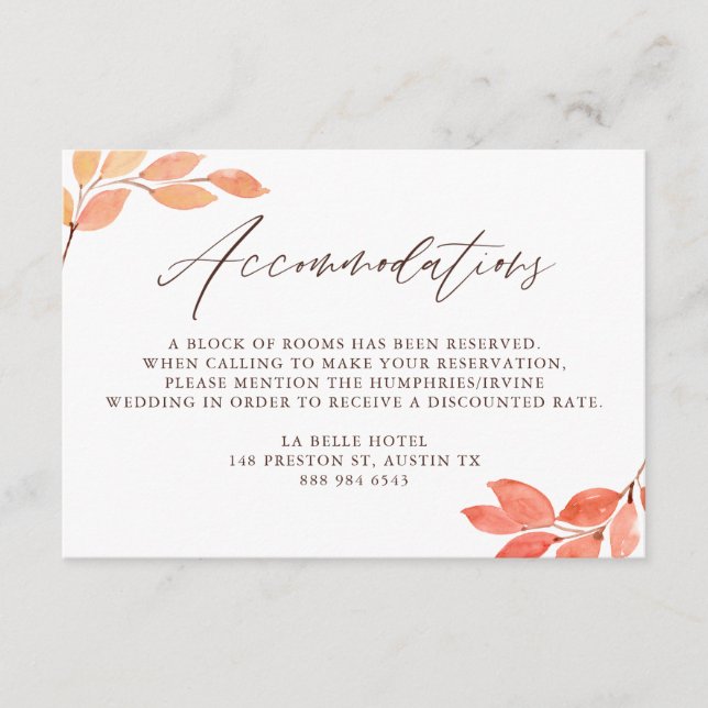 Carte D'accompagnement Aquarelle Autumn Foliage Mariage Hébergements (Devant)