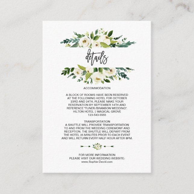 Carte D'accompagnement Aquarelle Blanc Floral Cadre Mariage Détails (Devant)