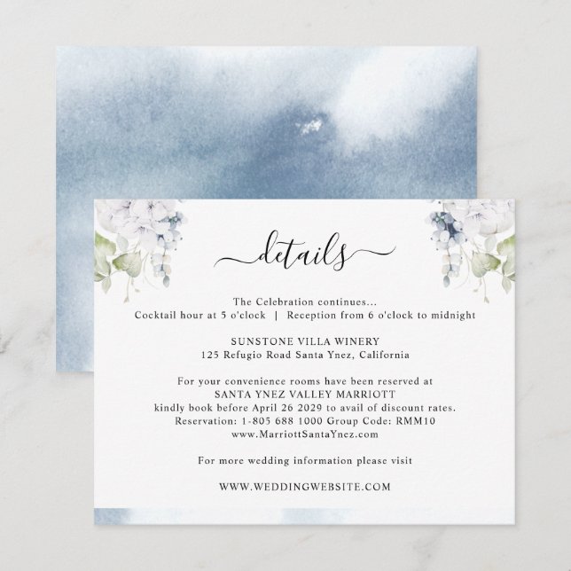 Carte D'accompagnement Aquarelle bleu clair chic, Détails du Mariage flor (Devant / Derrière)