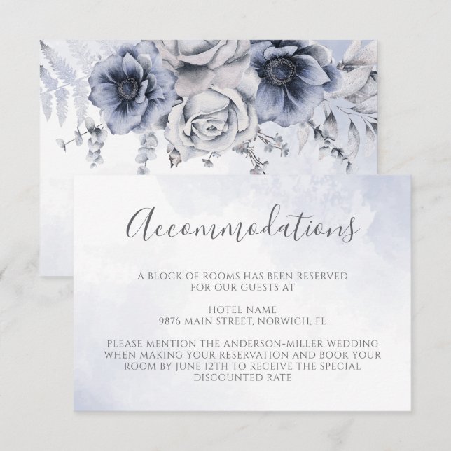 Carte D'accompagnement Aquarelle bleu Dusty Mariage Floral Hébergement (Devant / Derrière)