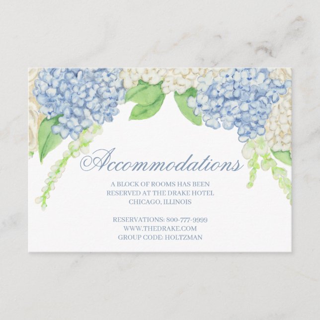 Carte D'accompagnement Aquarelle bleu et blanc Mariage de crête d'Hydrang (Devant)