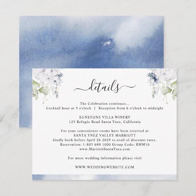 Carte D'accompagnement Aquarelle bleu foncé, Détails du Mariage floral (Devant / Derrière)