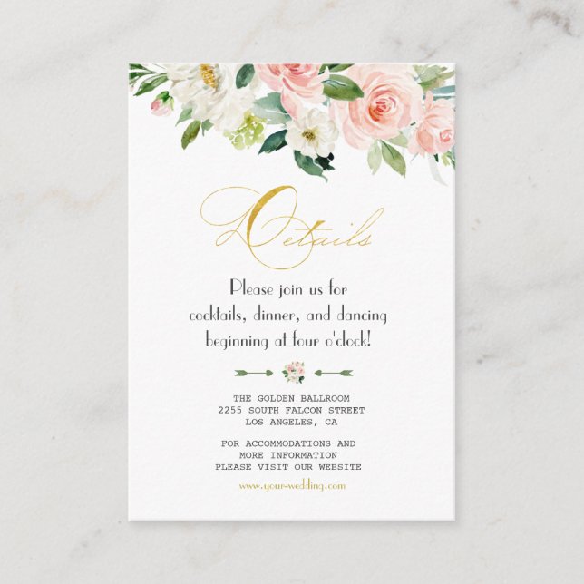 Carte D'accompagnement Aquarelle Blush Floral Gold Foil Détails Mariage (Devant)