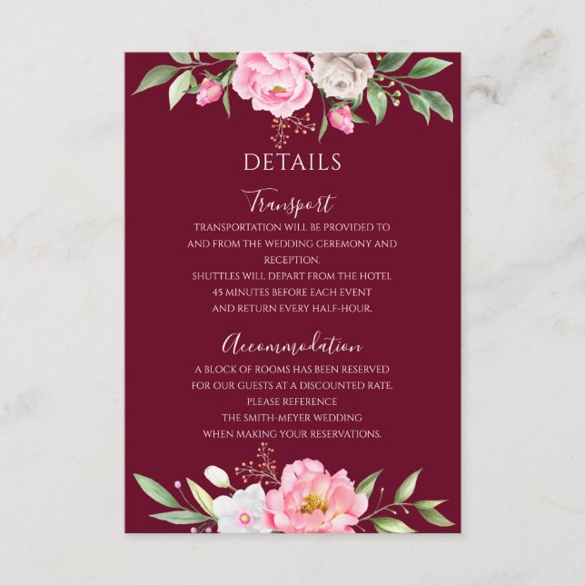 Carte D'accompagnement Aquarelle Bourgogne Floral Elégant Mariage Détails (Devant)