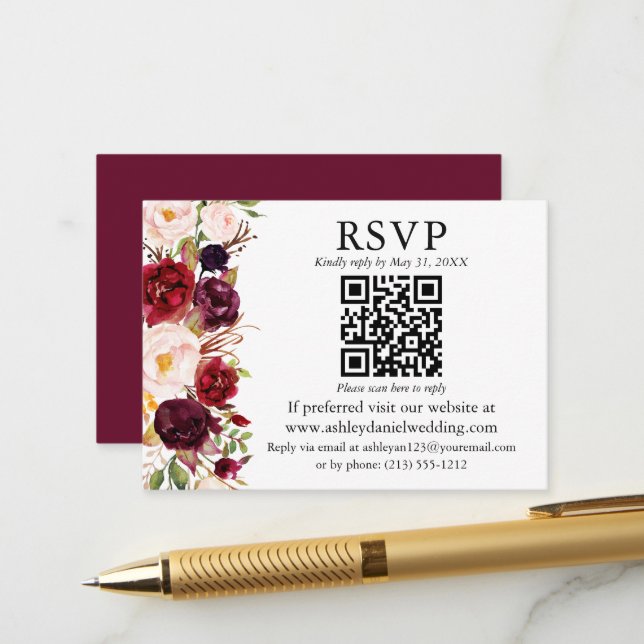 Carte D'accompagnement Aquarelle Bourgogne Floral QR RSVP Mariage (Devant/Arrière en situation)