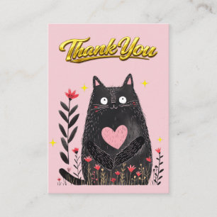 Carte D'accompagnement Aquarelle Chat Noir Floral avec Cœur Merci