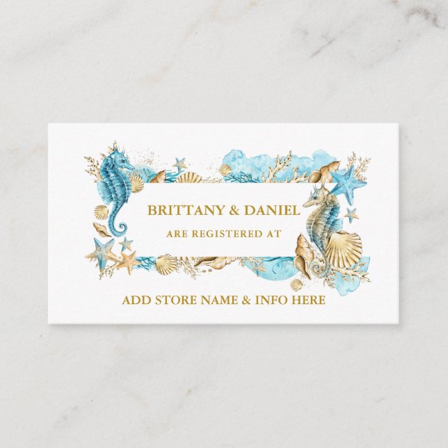 Carte D'accompagnement Aquarelle Coquillages Coral Bleu Registre Mariage (Devant)