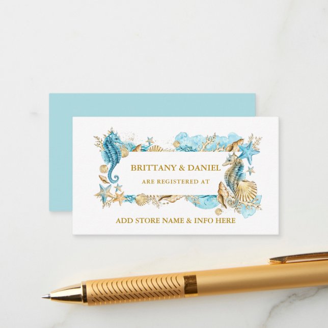 Carte D'accompagnement Aquarelle Coquillages Mariage de corail bleu (Devant/Arrière en situation)