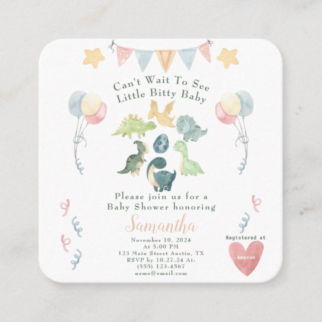Carte D'accompagnement Aquarelle Cute Dinosaur Détails du Baby shower (Devant)