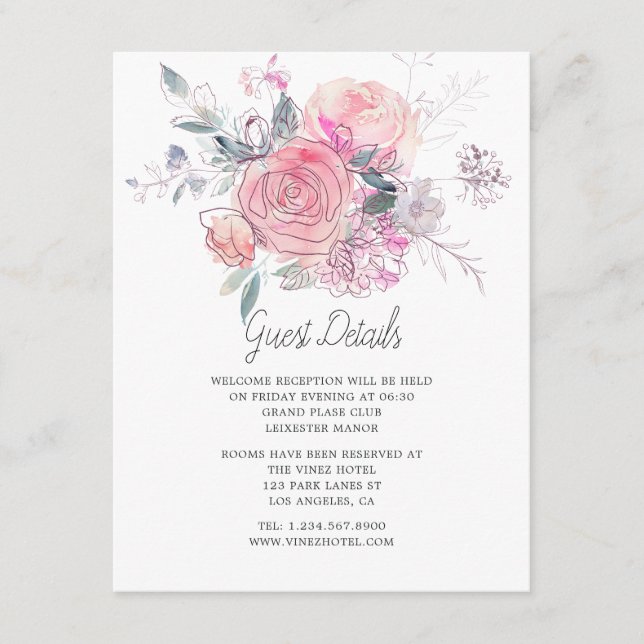 Carte D'accompagnement Aquarelle Doodle Floral Mariage Détails de l'invit (Devant)