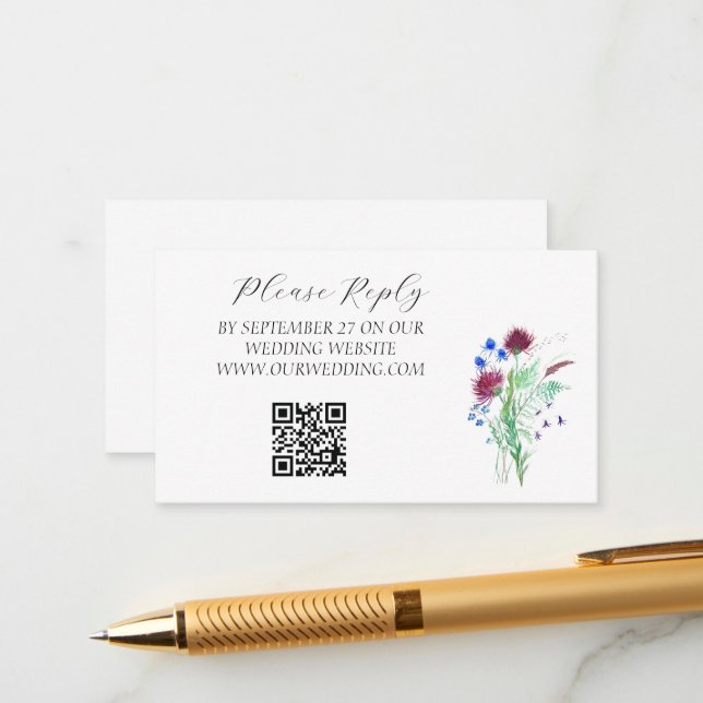 Carte D'accompagnement Aquarelle écossaise de chardon Mariage floral viol (Devant/Arrière en situation)