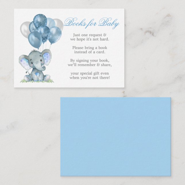 Carte D'accompagnement Aquarelle Eléphant Ballons Bleus Livres Pour Bébé (Devant / Derrière)