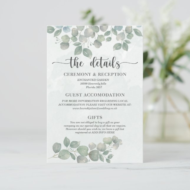 Carte D'accompagnement Aquarelle eucalyptus Green Détails du Mariage (Debout devant)