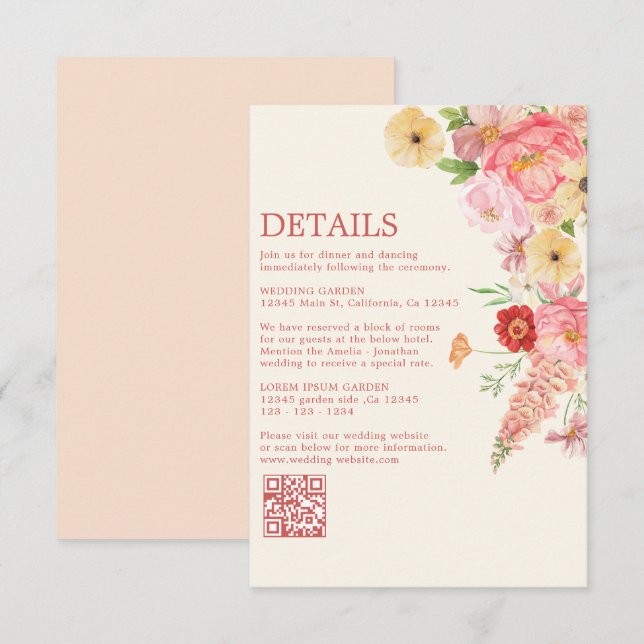 Carte D'accompagnement Aquarelle fleurie beurre jaune Mariage qr code (Devant / Derrière)