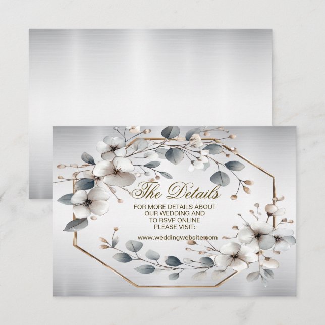 Carte D'accompagnement Aquarelle Fleurs blanches Cadre doré Argent Turquo (Devant / Derrière)
