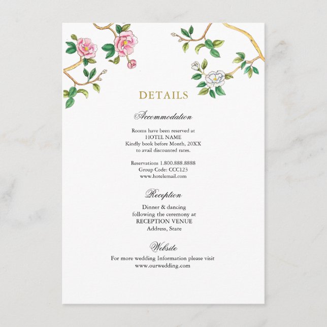 Carte D'accompagnement Aquarelle Floral Chinoiserie Détails du mariage (Devant)