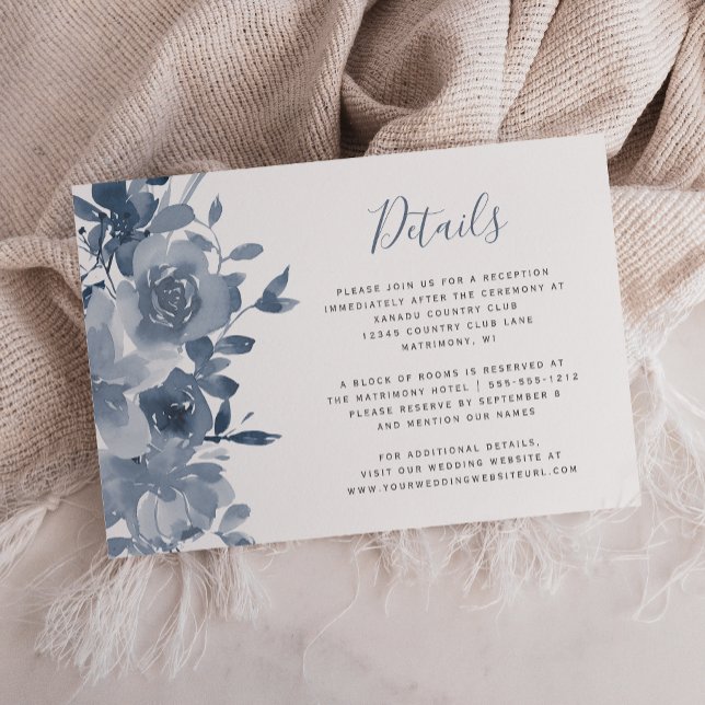 Carte D'accompagnement Aquarelle Floral Dusty Blue Détails du Mariage (Créateur téléchargé)