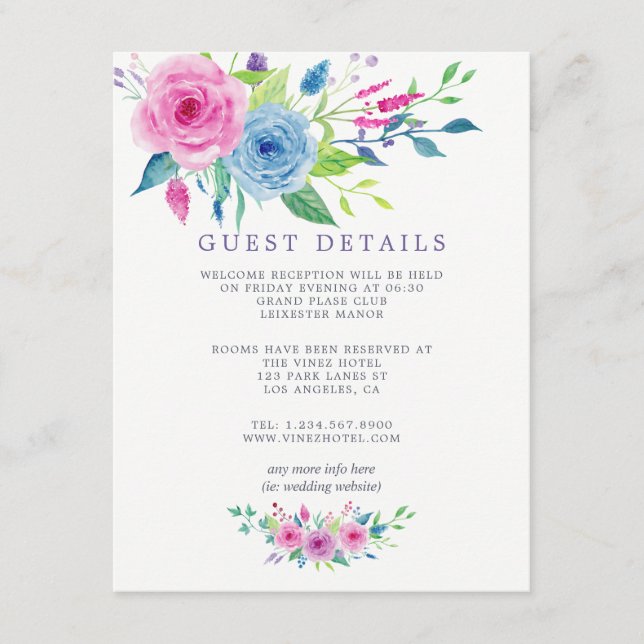 Carte D'accompagnement Aquarelle Floral Mariage Détails de l'invité (Devant)
