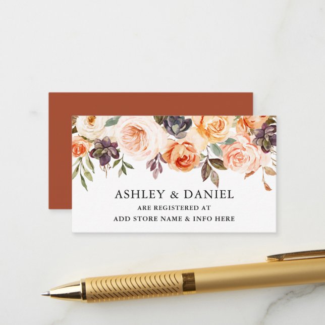 Carte D'accompagnement Aquarelle Floral Terracotta Registre Mariage (Devant/Arrière en situation)