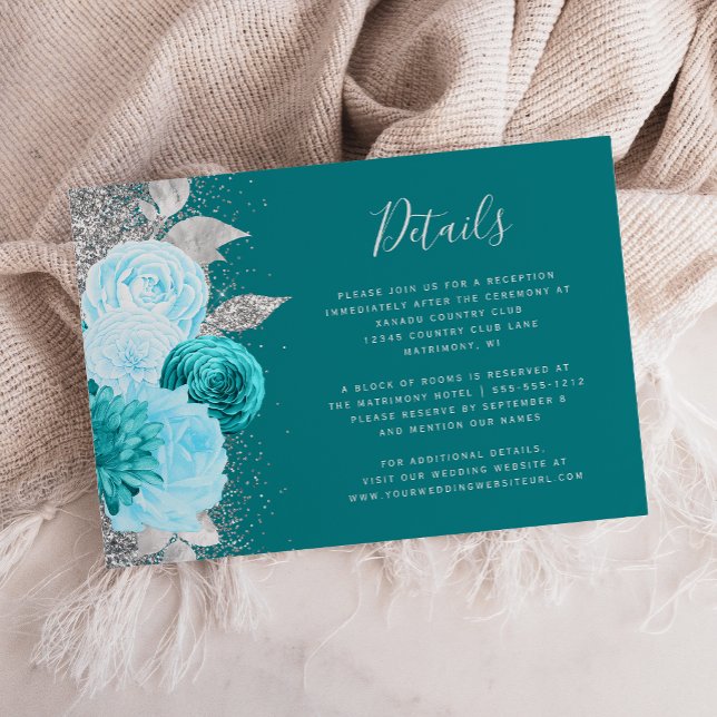 Carte D'accompagnement Aquarelle Floral Turquoise Argent Détails Mariage (Créateur téléchargé)