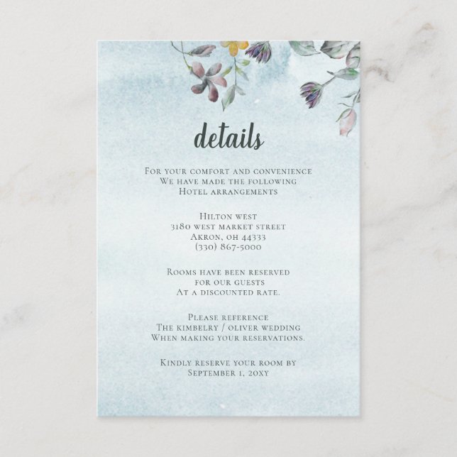 Carte D'accompagnement Aquarelle Florale Botanique Dusty Blue Mariage (Devant)