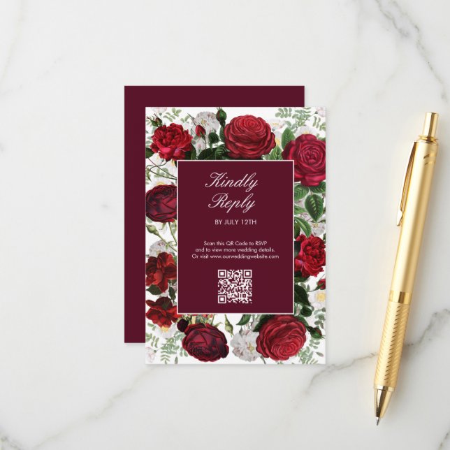 Carte D'accompagnement Aquarelle florale bourguignonne moderne Mariage él (Devant/Arrière en situation)