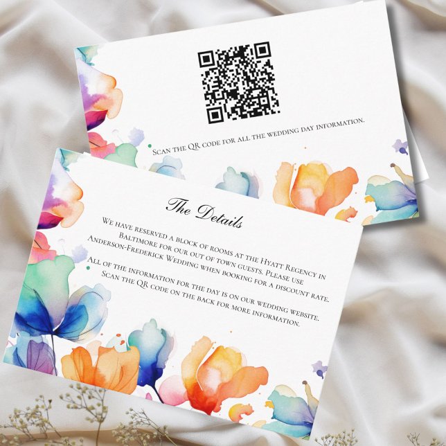 Carte D'accompagnement Aquarelle florale brillante Détails du Mariage (Bright Floral Watercolor Purple Blue Orange Wedding Details Enclosure Card with QR Code )