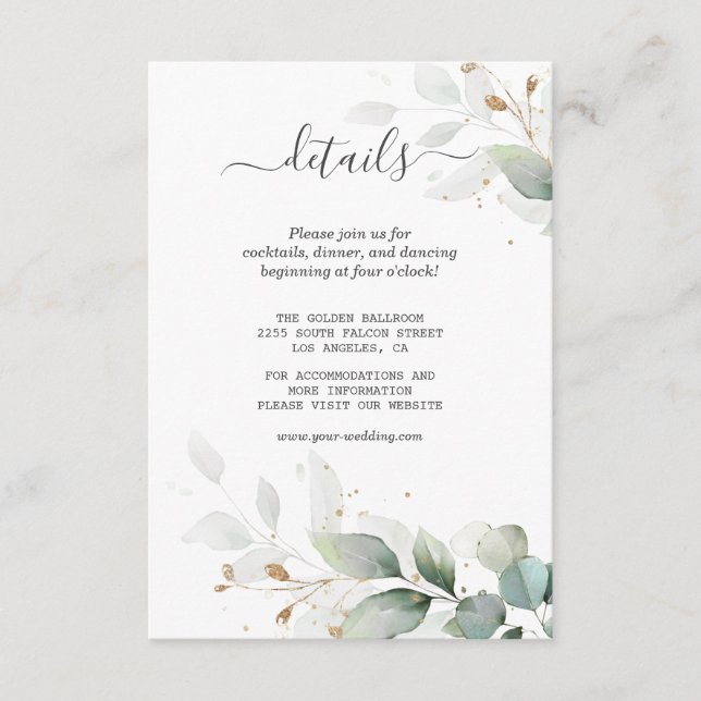 Carte D'accompagnement Aquarelle Gold Greenery Détails du Mariage (Devant)