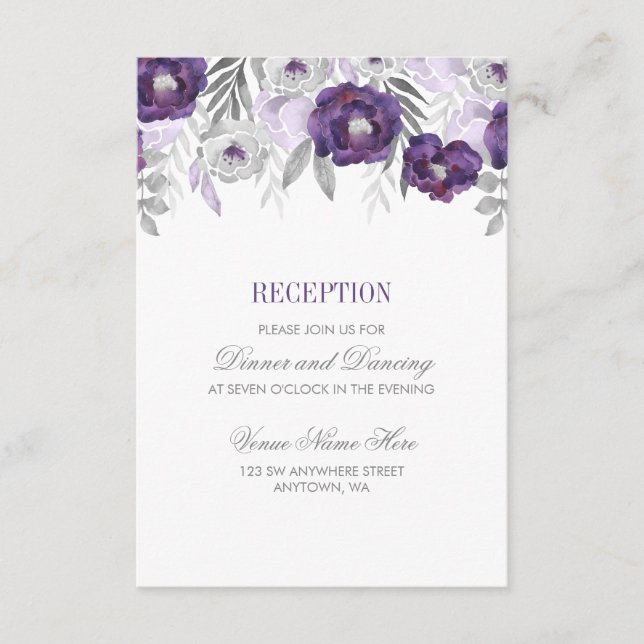 Carte D'accompagnement Aquarelle gris violet Fleurs de mariage Réception  (Devant)