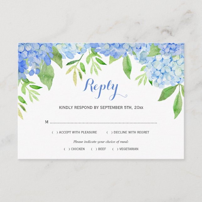 Carte D'accompagnement Aquarelle Hydrangea Blue Floral Mariage Repas RSVP (Devant)