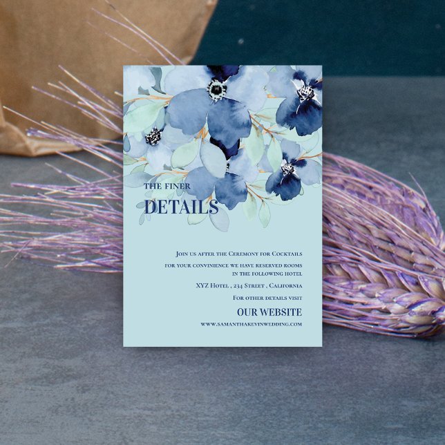 Carte D'accompagnement Aquarelle Joli bleu Floral Détails du Mariage (Watercolor Pretty Blue Floral Wedding Details Enclosure Card)