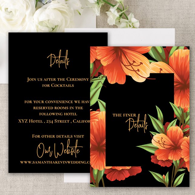 Carte D'accompagnement Aquarelle Joli Orange Floral Détails du Mariage (Watercolor Pretty Orange Floral Wedding Details Enclosure Card)