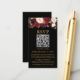 Carte D'accompagnement Aquarelle mariage Bourgogne Floral QR RSVP Noir