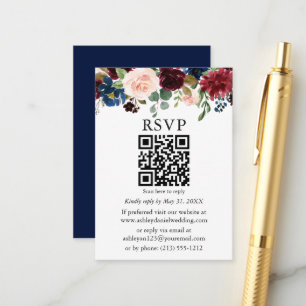 Carte D'accompagnement Aquarelle Mariage floral mixte bleu QR RSVP