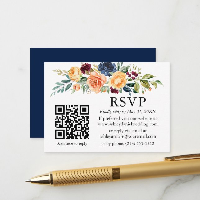 Carte D'accompagnement Aquarelle Mixte Floral QR Mariage Bleu RSVP (Devant/Arrière en situation)