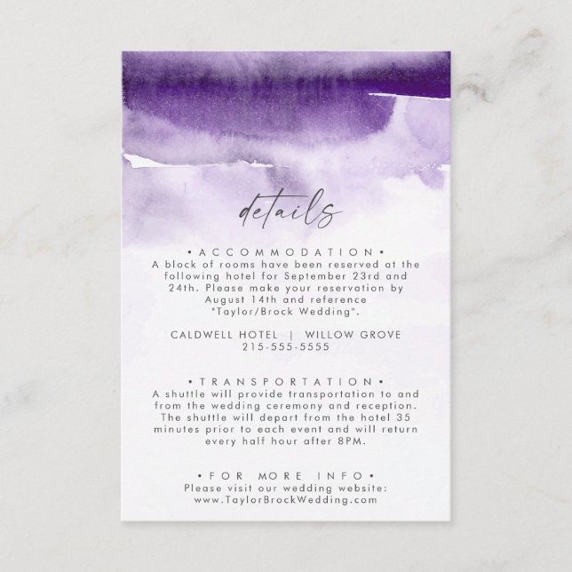 Carte D'accompagnement Aquarelle moderne | Détails du Mariage violet (Devant)