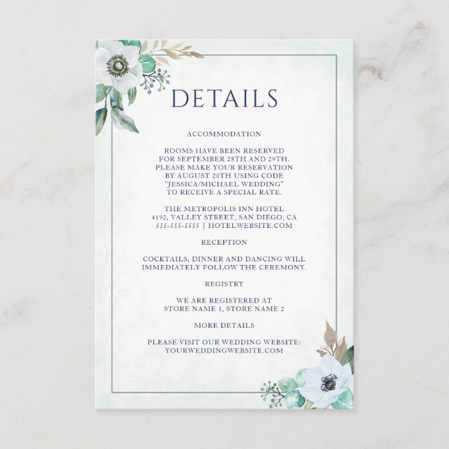 Carte D'accompagnement Aquarelle Moderne Floral Anéone Détails du Mariage (Devant)
