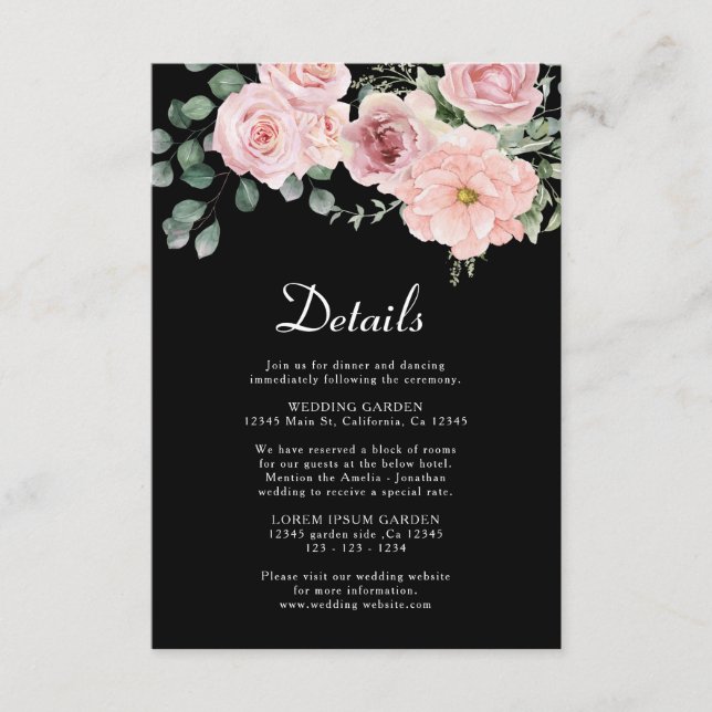Carte D'accompagnement Aquarelle noire rose floral noir détails Mariage (Devant)