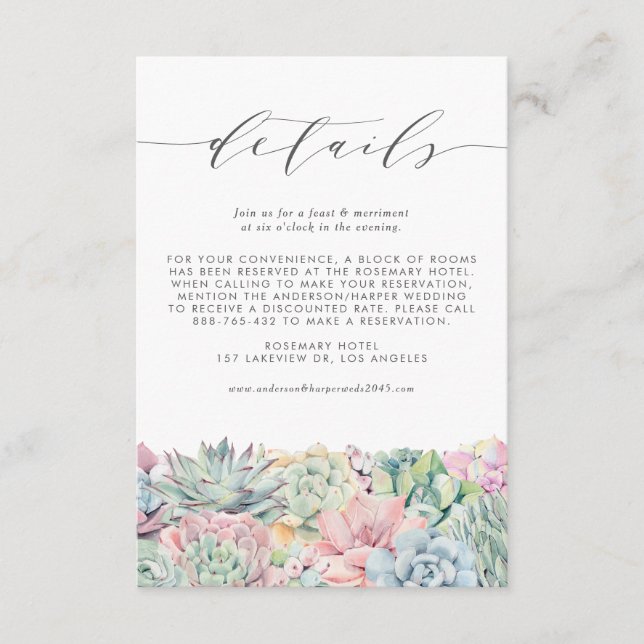 Carte D'accompagnement Aquarelle Pastel Succulents Détails du Mariage (Devant)