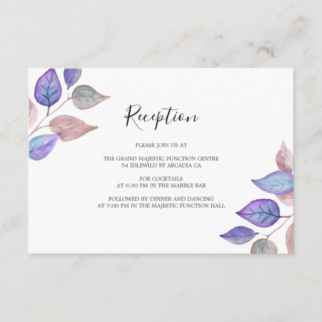 Carte D'accompagnement Aquarelle Peinte violet Feuilles accueil mariage (Devant)