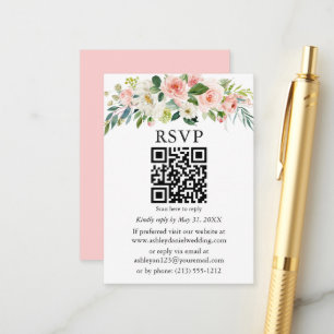 Carte D'accompagnement Aquarelle rose blanc Mariage Floral QR RSVP
