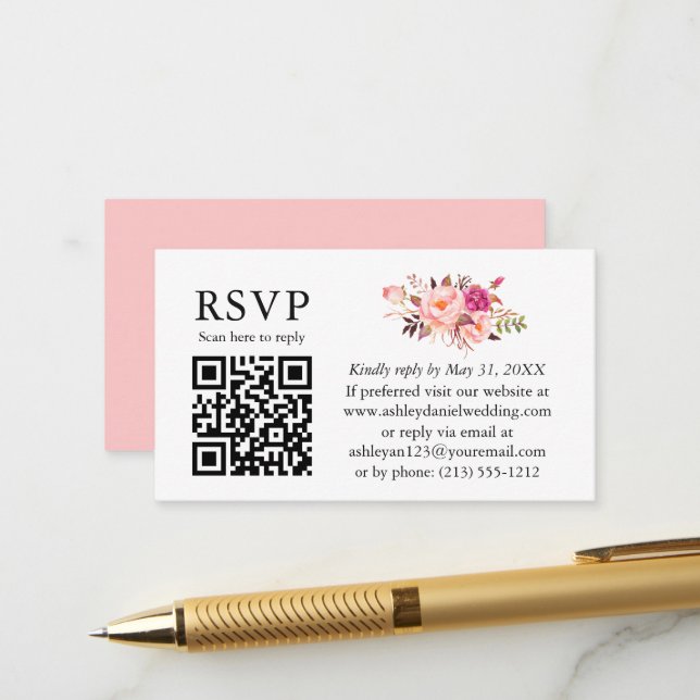 Carte D'accompagnement Aquarelle rose Blush Floral Mariage QR RSVP (Devant/Arrière en situation)