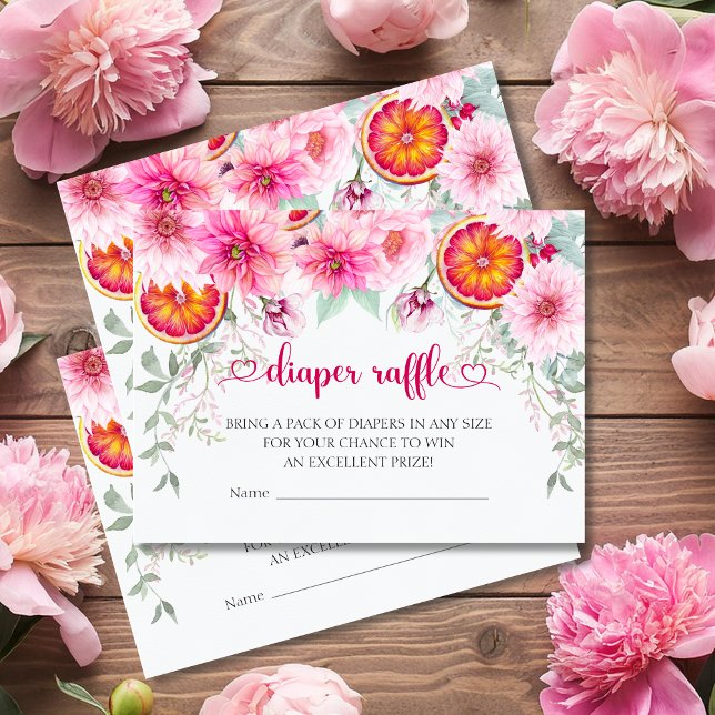 Carte D'accompagnement Aquarelle rose & Citrus Diaper Raffle Baby Douche (Citrus and Pink Watercolor flowers baby shower diaper raffle enclosure card)