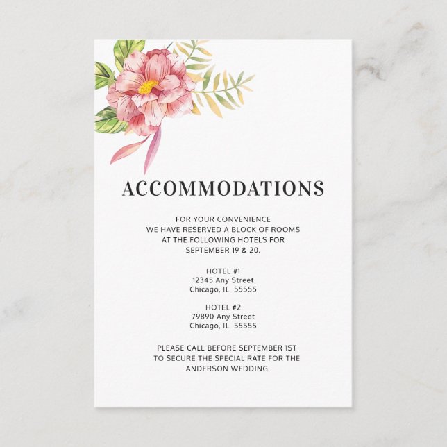 Carte D'accompagnement Aquarelle rose Floral Mariage Hébergements (Devant)