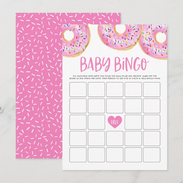 Carte D'accompagnement Aquarelle rose mignonne Bingo Baby shower de donut (Devant / Derrière)