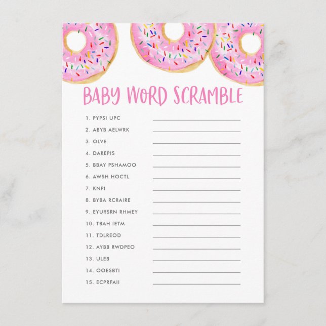 Carte D'accompagnement Aquarelle rose mignonne Donuts Bébé Word Scramble (Devant)