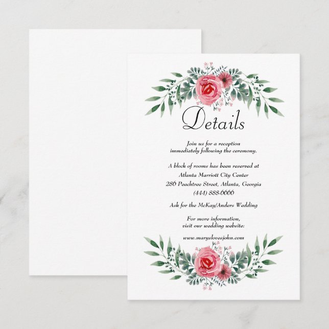 Carte D'accompagnement Aquarelle Rose Rose Vert Détails du feuillage (Devant / Derrière)